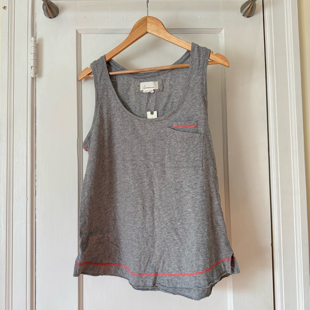 By Anthropologie Gray Sleeveless Top with Neon Orange Accents